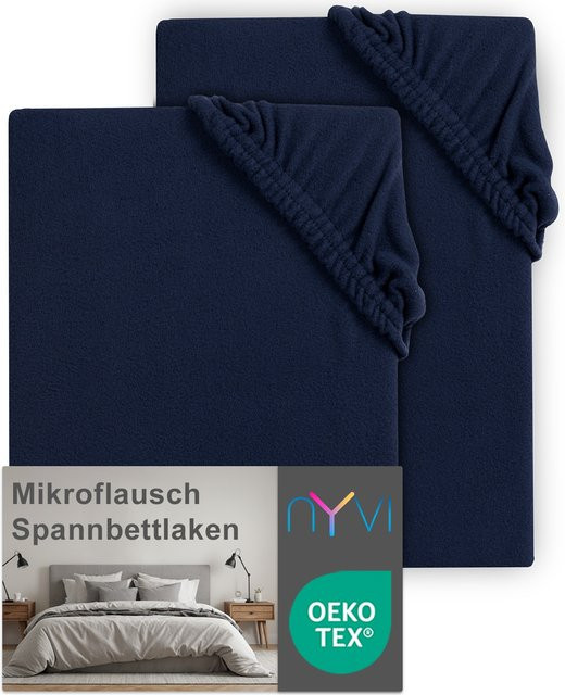 NYVI DreamScience Spannbettlaken aus Mikroflausch, 2er Pack, Farbe: Navy Blau, B/T: 160 x 200 cm - Bild 1