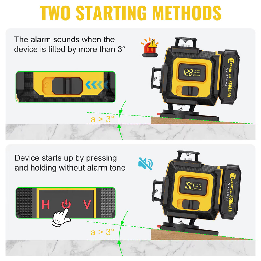 CONENTOOL Laser Level mit Stativ, multifunktionales 4D 16 Kreuzlinien Gerät mit 360 Grad Rotationsfenster, selbstnivellierend, Gelb, inklusive 2 Akkus und Ladegerät - Bild 5