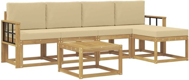 vidaXL Outdoor-Sofagarnitur 6-teilig L-Form aus Akazienholz mit Kissen in Weiß und Beige - Bild 1