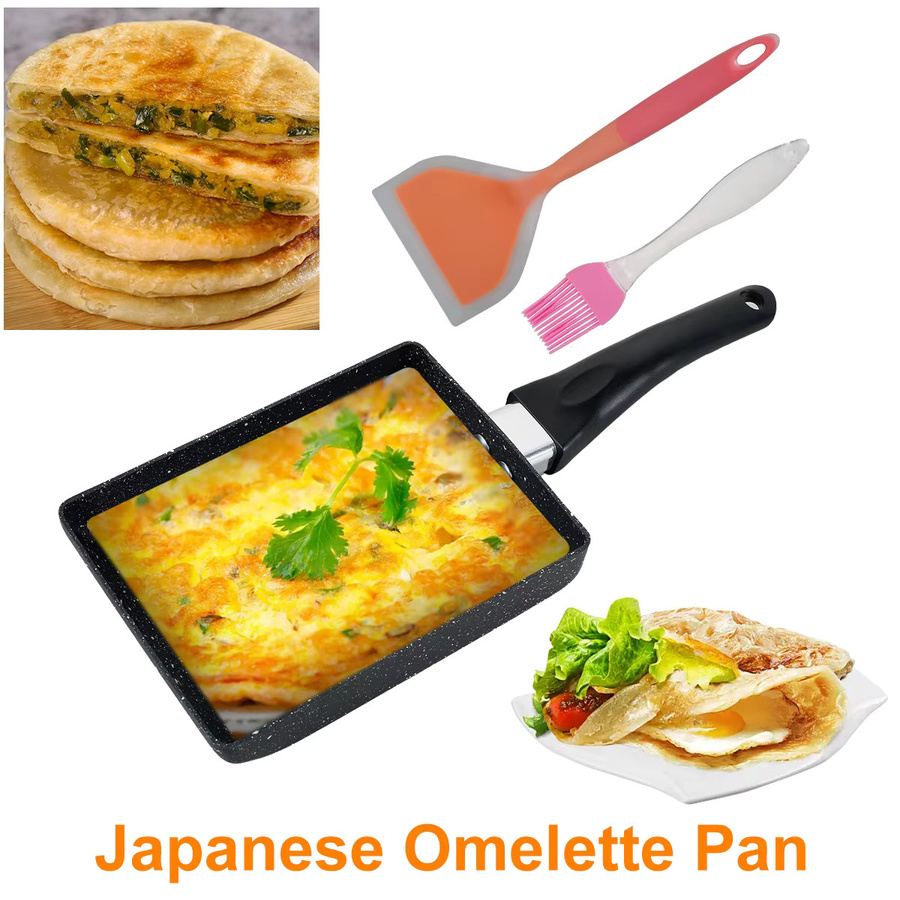 Willstar Tamagoyaki-Pfanne Set mit Silikonspatel und Ölbürste, rechteckige japanische Eierrollpfanne aus Aluminium, antihaftbeschichtet, Schwarz - Bild 6
