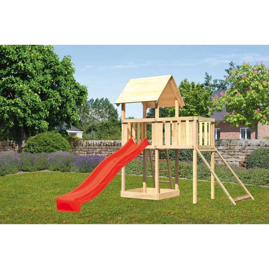 Karibu Spielturm Lotti mit Anbauplattform, Netzrampe und Rutsche in Rot - Bild 2