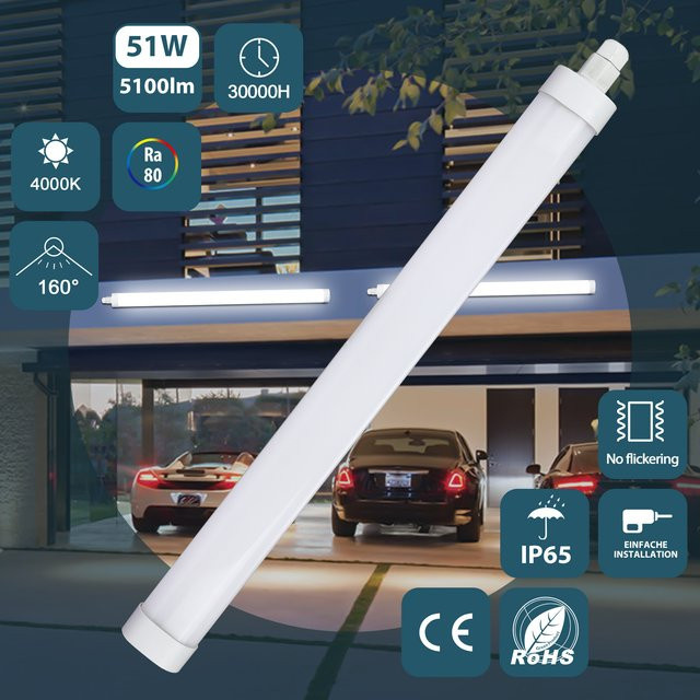 LEOEU LED-Deckenleuchte Linear in Weiß, 51W, 4000K Kaltweiß, IP65 Nassraumbeleuchtung für Badezimmer, Küche und Flur, Länge: 150 cm - Bild 1