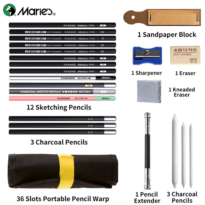 Marie's 24-teiliges Zeichenset mit Skizzierstiften, Kohlestiften, Kohlestäbchen, Anspitzer und Radiergummi in Multicolour - Bild 2