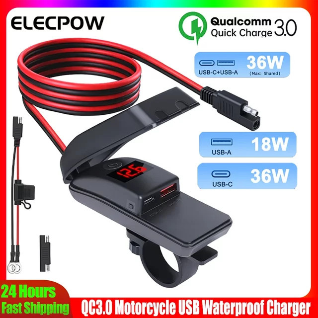 Elecpow 36W Motorrad-USB-Schnellladegerät mit QC3.0, USB-A und USB-C, wasserdichter Netzteiladapter mit Schalter und Voltmeter in Schwarz - Bild 1