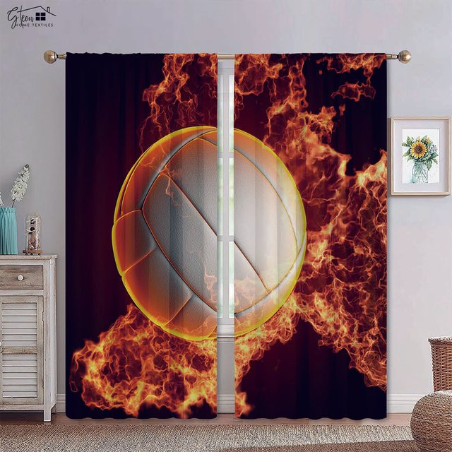 Dekorative Vorhänge mit Basketball und Fußball Motiv in Wasser und Feuer Design, Schwarz, B: 50 cm, H: 130 cm, 2 Stück - Bild 1