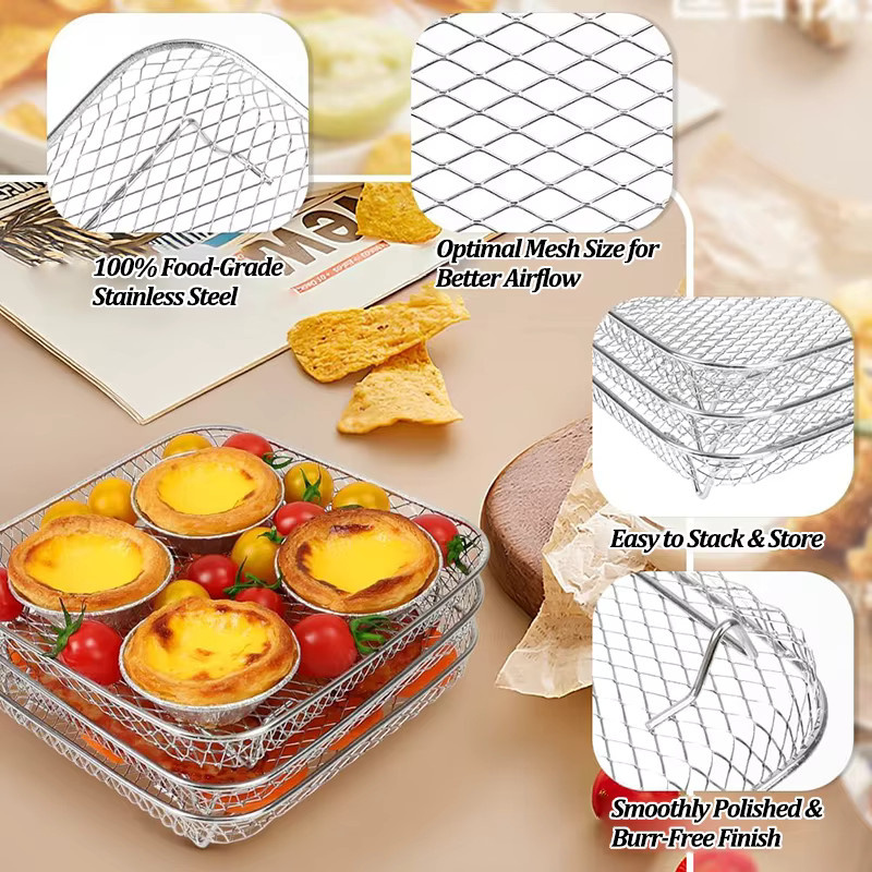 JYN Edelstahl Heißluftfritteuse Backrost mit Heißluftfritteuse-Papier und Grillhalterung in Silber - Bild 3