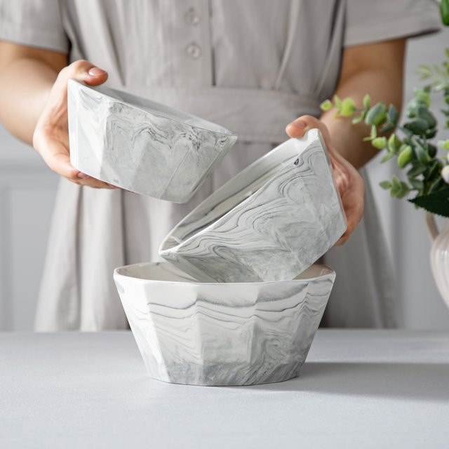 Malacasa Keramik Geschirrset in Grau mit Marmor-Optik, 3-teiliges Set bestehend aus Suppentellern und Schalen für Obst, Müsli oder Nudeln, Füllmengen: 500 ml, 780 ml und 1020 ml - Bild 1