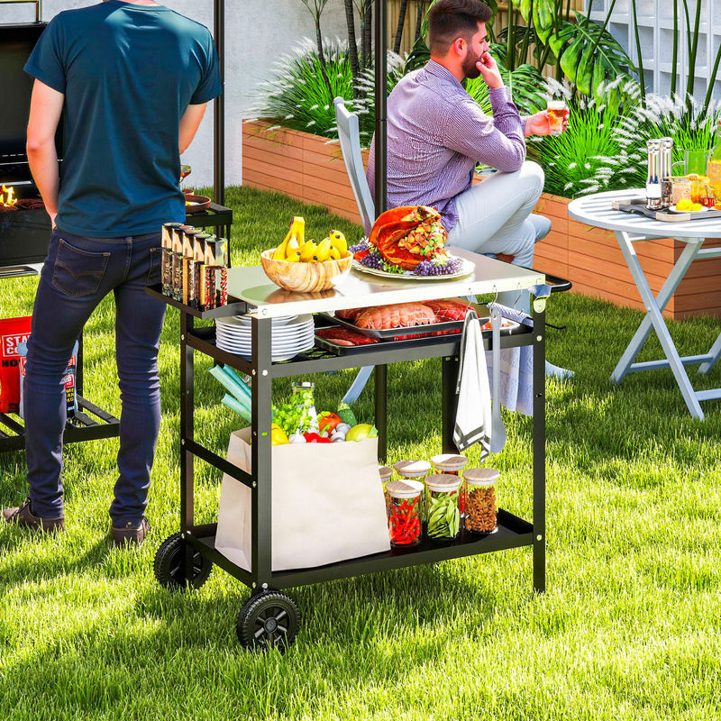Outsunny Grillwagen aus Edelstahl mit 3 Etagen und Hülle, höhenverstellbarer Servierwagen für den Garten, Schwarz, B/T/H: 100 x 52 x 80 cm - Bild 2