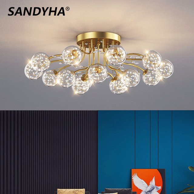 Sandyha LED Kronleuchter in Schwarz und Gold mit transparenten und weißen Glaskugeln sowie Kristallen als Pendelleuchte für dein Wohnzimmer - Bild 1