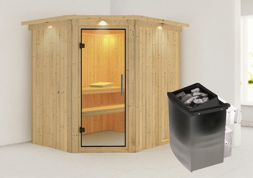Karibu Sauna Maardu aus Fichtenholz in Beige inklusive 9 kW Saunaofen mit integrierter Steuerung für 3 Personen, B/T/H: 210 x 184 x 202 cm - Bild 1