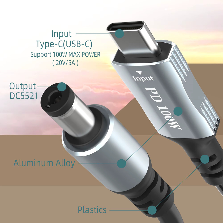 USB C auf DC 5,5 mm x 2,1 mm Laptop-Ladekabel, 20 V PD 100 W, Schwarz - Bild 2