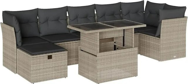 vidaXL 8-tlg. Garten-Sofagarnitur in L-Form mit Kissen und Couchtisch, Hellgrau, Poly-Rattan und Metallrahmen - Bild 1