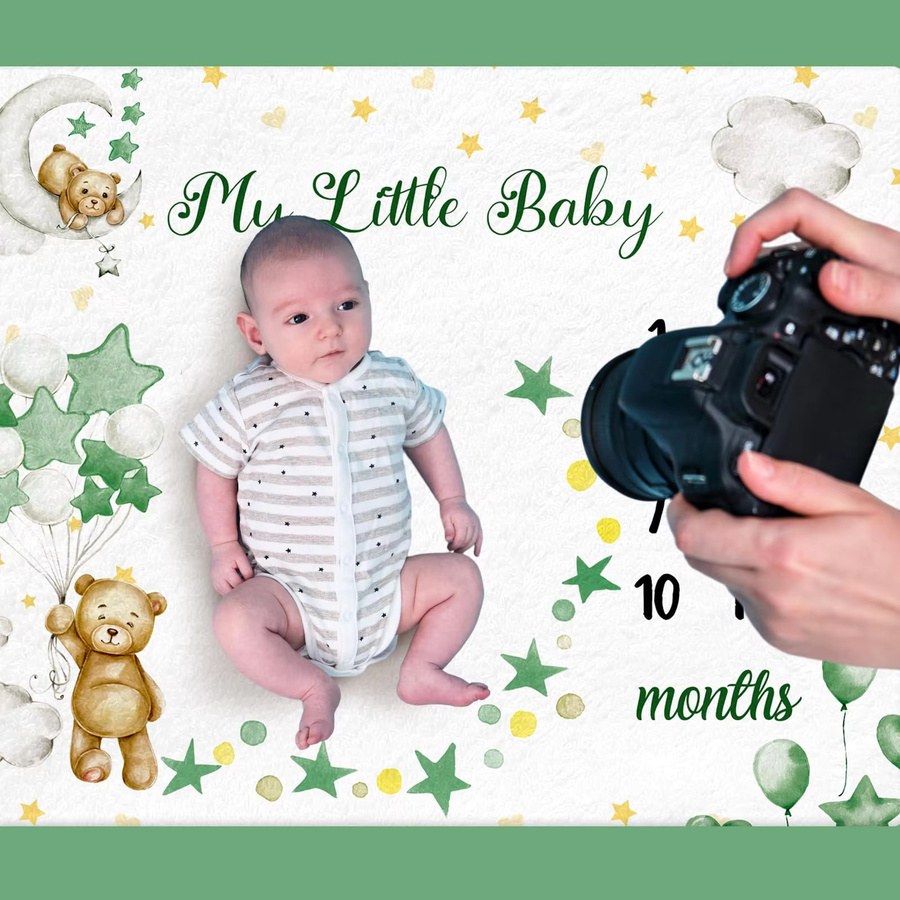 VIKAMA Baby Meilenstein-Decke Schlafender Bär mit Sternen und Ballons, weiche Flanell-Decke in Weiß für das Wachstumsprotokoll und Kinderzimmer-Deko - Bild 2