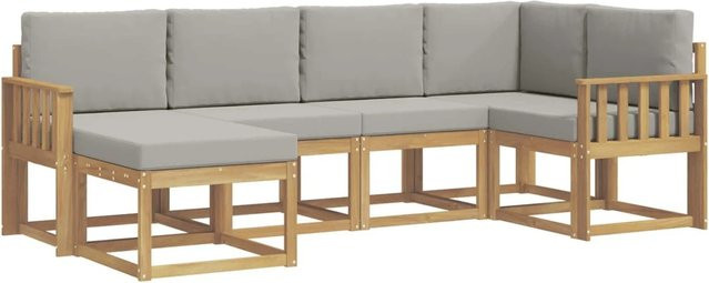 vidaXL Outdoor-Sofagarnitur 6-teilig in L-Form aus Akazienholz mit Polstern, Weiß-hellgrau - Bild 1