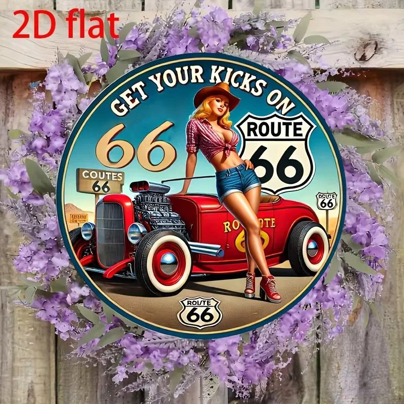 Vintage Route 66 Aluminium-Wandschild von CIFBUY mit Auto und roten Rosen, B/B/B: 20,3 x 20,3 x 0,1 cm - Bild 2