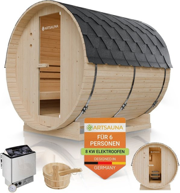 Artsauna Fasssauna Spitzbergen 220 für 6 Personen aus Fichtenholz mit 8 kW Saunaofen und Zubehör - Bild 1