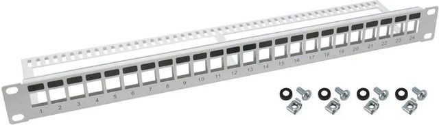 HMF 66445-07 UTP Keystone-Patchpanel für 19 Zoll Serverschrank, 24 Ports RJ45, Lichtgrau - Bild 1