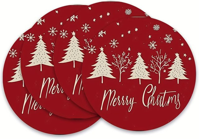 VIKAMA 4-teiliges Set weihnachtliche Platzsets aus Leinen in Rot mit Grafikdesign, rund, Durchmesser: 38 cm - Bild 1