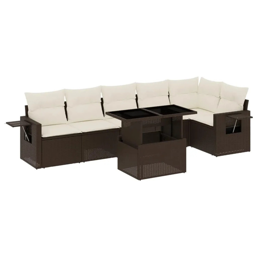 vidaXL 7-tlg Garten-Sofagarnitur in L-Form aus braunem Poly-Rattan mit Kissen und Metallrahmen - Bild 2
