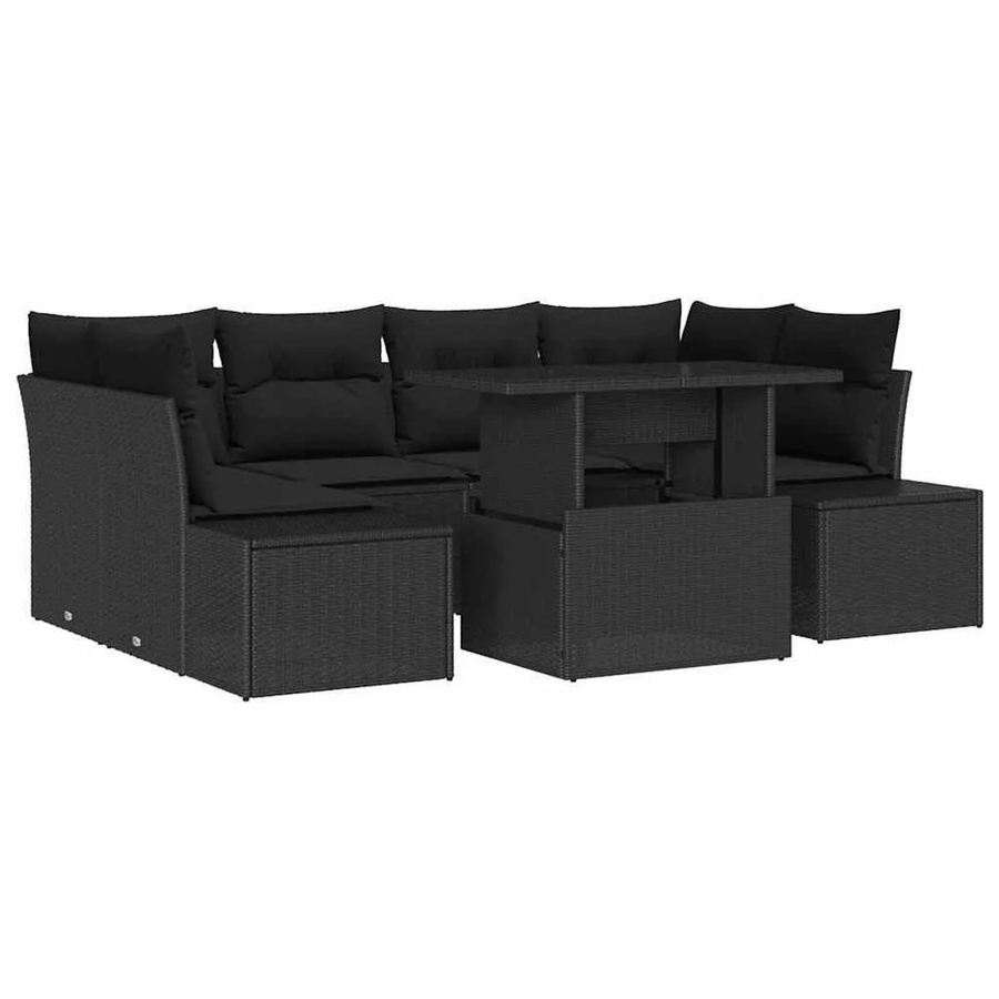 vidaXL Garten-Sofa-Set 7-teilig in Schwarz mit Kissen und Couchtisch aus Metall und wetterfestem Polsterstoff - Bild 2