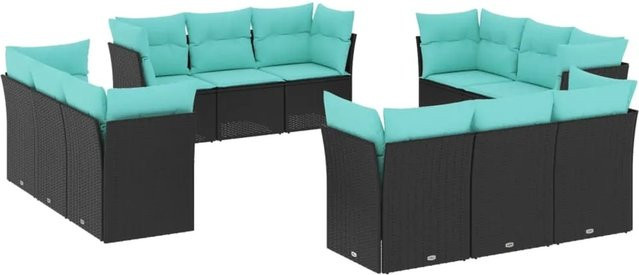 vidaXL 12-teilige Garten-Sofagarnitur in L-Form aus Poly-Rattan mit blauen Kissen und pulverbeschichtetem Stahl in Schwarz - Bild 1