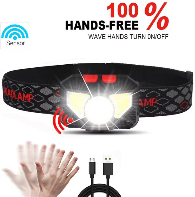ESMARTER LED Stirnlampe mit Bewegungssensor, USB wiederaufladbar, Wasserdicht, Schwarz - Bild 1