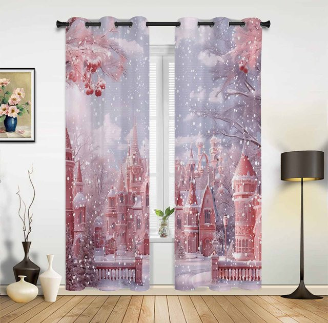 Dekorativer Vorhang mit Weihnachtsbaum, Schneeflocken und Eisbär Motiv in Rosa, B: 135 cm, H: 60 cm - Bild 1