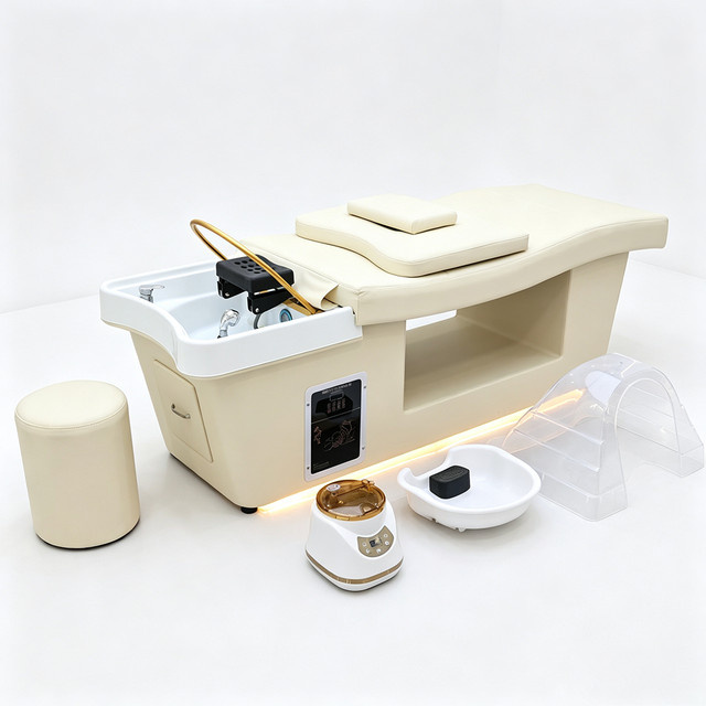 XinSheng Massageliege mit Kopf-SPA und Dampf-Funktion für Haarwäsche und Wellness in Weiß und Beige - Bild 1