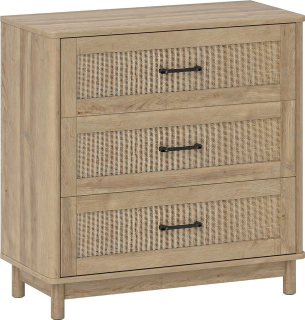 HOMCOM Kommode mit 3 Schubladen aus Rattan und Massivholzfüßen im Boho-Stil, Farbe: Eiche/Beige, B/T/H: 76 x 35 x 76 cm - Bild 1