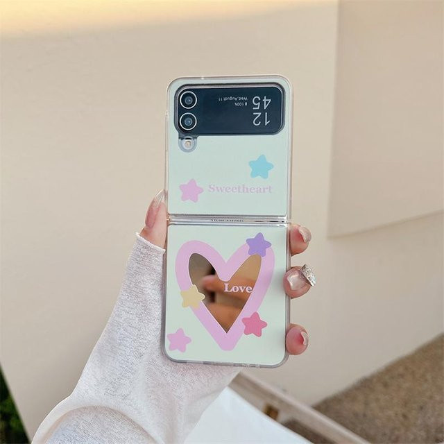 Samsung Galaxy Z Flip 3 4 5 6 Schutzhülle mit Liebesherz Design, Handgelenkschlaufe und Spiegel, Stoßfeste Hartschale in Transparent/Multicolour - Bild 1