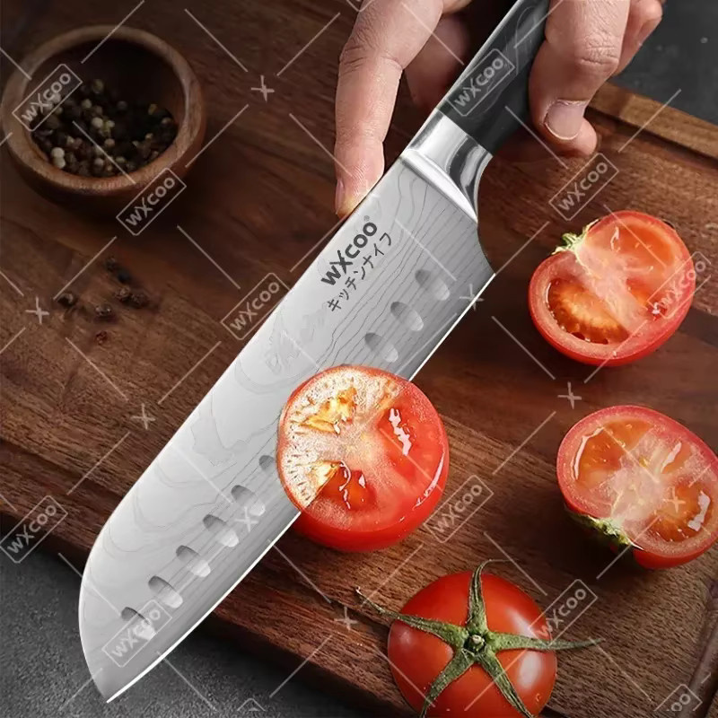 WXCOO Damaszener Santoku Küchenmesser Set mit Akazienholz-Schneidebrett in Silber - Bild 1