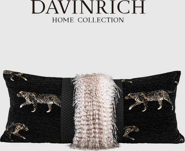 DAVINRICH Lendenkissenbezug Panthera Jacquard in Gold und Schwarz mit Chenille und Kunstfell-Dekor - Bild 1