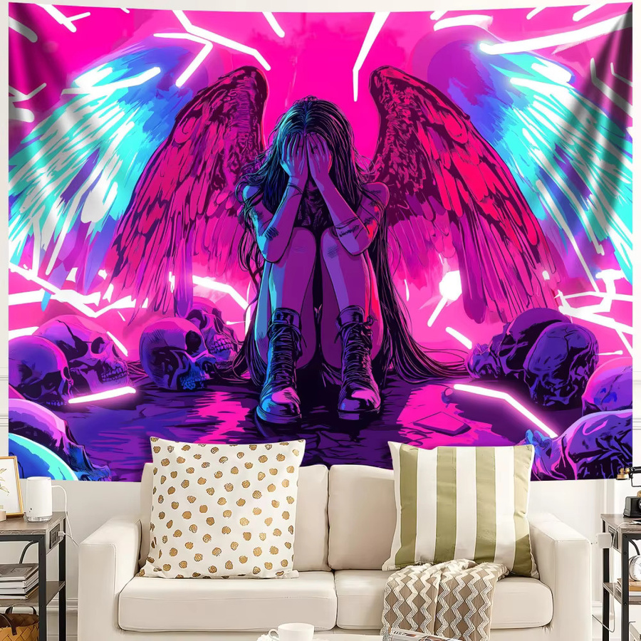 VIKAMA Cyberpunk Dark Angel Wandteppich mit Neon Totenkopf in Multicolour, Wanddekoration für Gaming-Raum und Schlafzimmer, Breite: 60 cm, Höhe: 40 cm - Bild 2