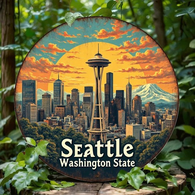CIFbuy Vintage Seattle Skyline Aluminium-Wandkunst in Multicolour, rundes Metallschild für deine Heim- und Bürodekoration, B/H: 20 x 20 cm - Bild 1