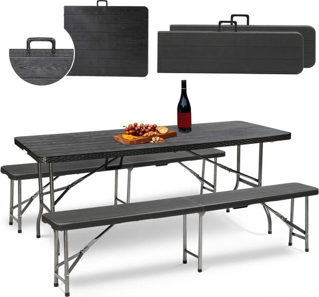 Sekey Bierzeltgarnitur Klappbar in Schwarz mit Holzoptik Eiche, Set bestehend aus 1 Tisch und 2 Bierbänken, Breite: 180 cm - Bild 1