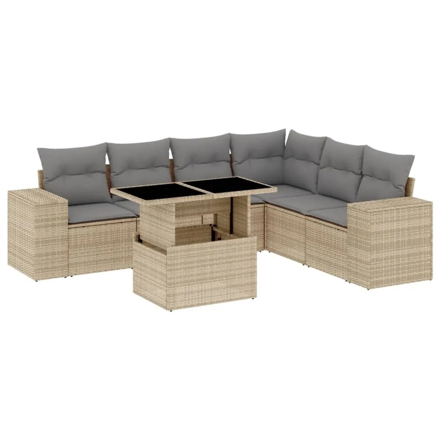 vidaXL 7-teilige Garten-Sofagarnitur in L-Form aus Poly-Rattan mit Kissen in Beige - Bild 2