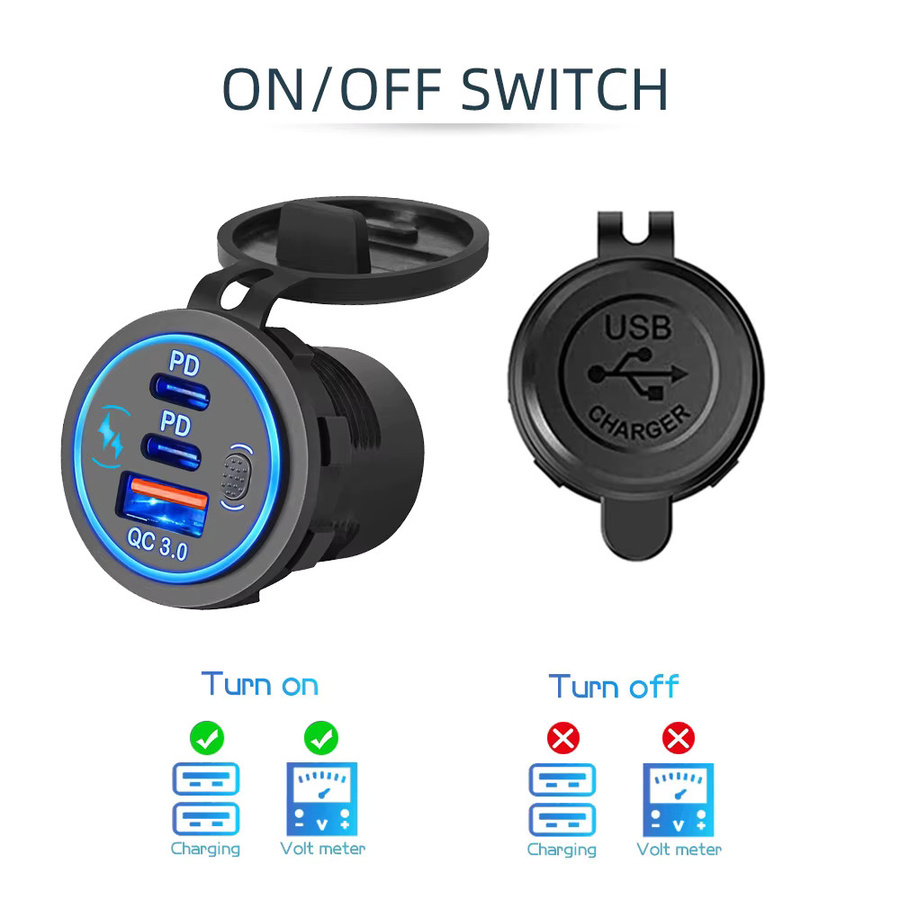 Velev Auto Ladegerät mit Doppel-USB-C-Anschlüssen PD 3.0 und QC 3.0, 78W Schnellladung, Wasserdicht mit LED-Touch-Schalter, Schwarz, 12V/24V für Motorrad-Adapter - Bild 4