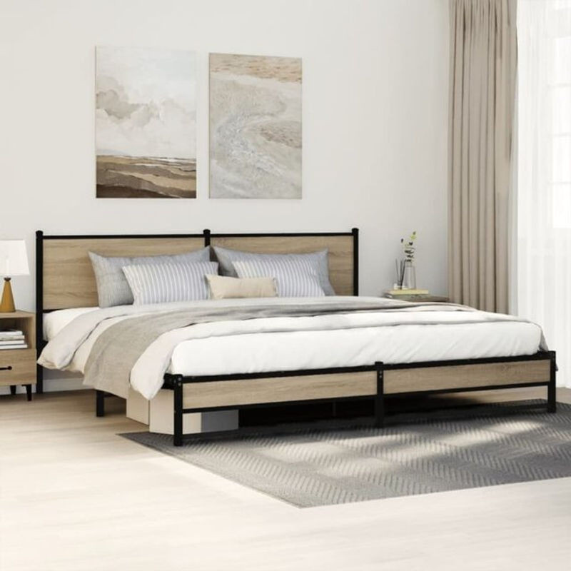 Metallbett Vidaxl in Sonoma-Eiche und Braun im Industrial-Stil, B/T/H: 193 x 203 x 91,5 cm - Bild 1