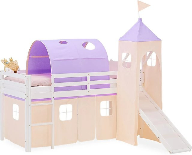 Homestyle4u Kinder Hochbett aus massivem Kiefernholz mit Rutsche, Vorhang und Tunnel in Lila und Peach, B/T/H: 200 x 90 x 150 cm - Bild 1