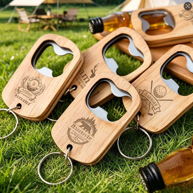Personalisierter Flaschenöffner aus Holz mit Gravur als Schlüsselanhänger von SAISLERWELL in Braun - Bild 1