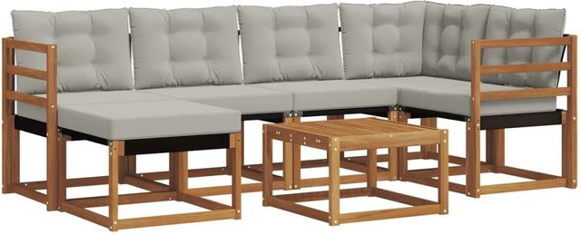 vidaXL Outdoor-Sofagarnitur 7-teilig aus Akazienholz und Textilene in L-Form mit Kissen, Farbe: Natur und Hellgrau - Bild 1