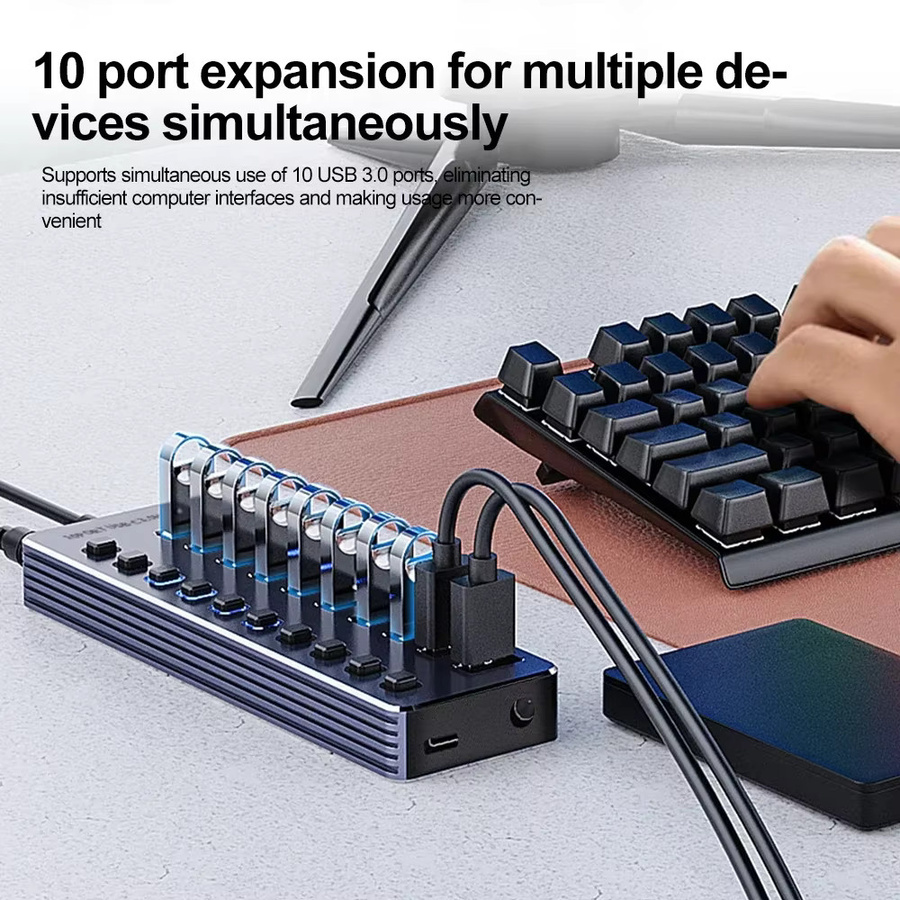 KEBIDUMEI USB 3.0 Hub mit 10/7 Ports und Ein/Aus-Schaltern aus Aluminium für PC - Bild 3