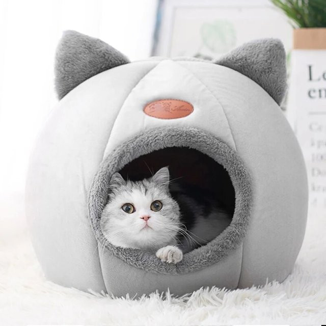Booteely Katzenhöhle in Katzenkopfform, rutschfestes Katzennest in Grau für alle vier Jahreszeiten - Bild 1