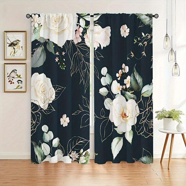 2-teiliger Blumenvorhang mit Sonnenblumen-Digitaldruck in Schwarz, semi-transparent, B: 60 cm, H: 60 cm - Bild 1