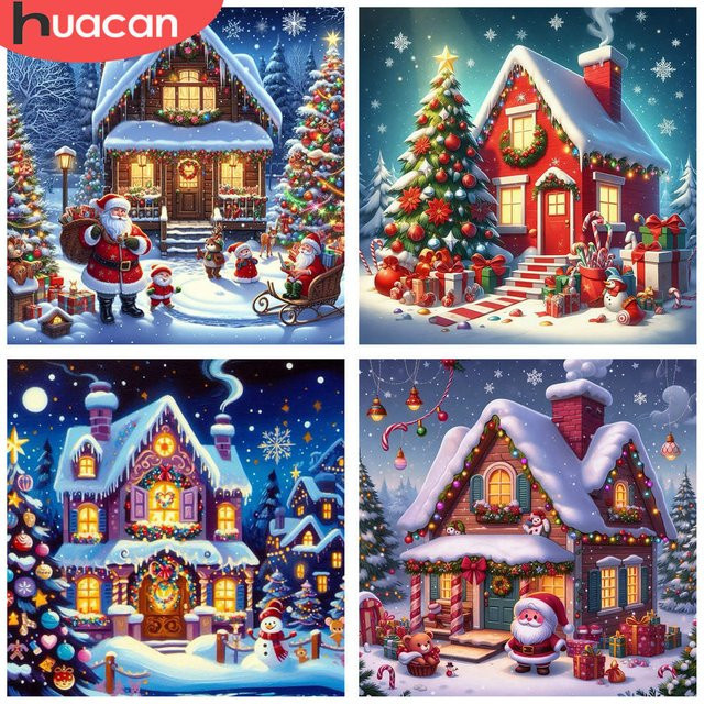 HUACAN Diamant-Malerei Weihnachtshütte und Weihnachtsszene als 5D-Diamant-Stickset mit vollen Bohrern in Multicolor - Bild 1