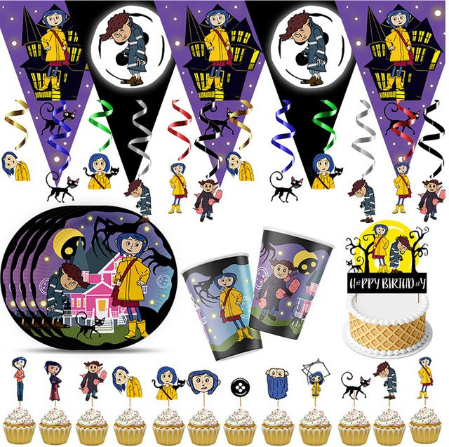 Warner Bros. Coraline Geburtstagsparty-Dekoration Set aus Papier, Mehrfarbig, Einweg-Geschirr mit Tellern, Servietten, Strohhalmen und Kuchen-Topper für Kinderpartys - Bild 1