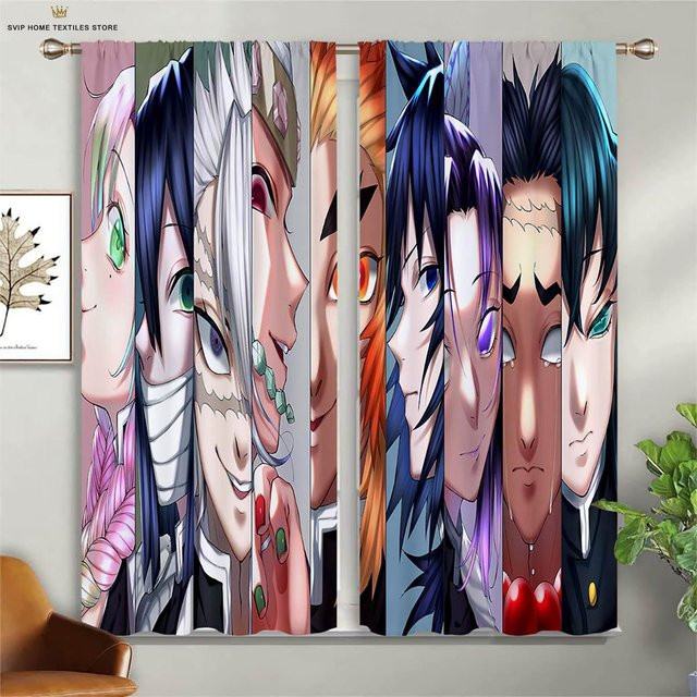 Yiran Furniture Japanische Comic-Vorhänge mit Grafikdruck, 2er-Set, Mehrfarbig, B: 50 cm, H: 130 cm - Bild 1