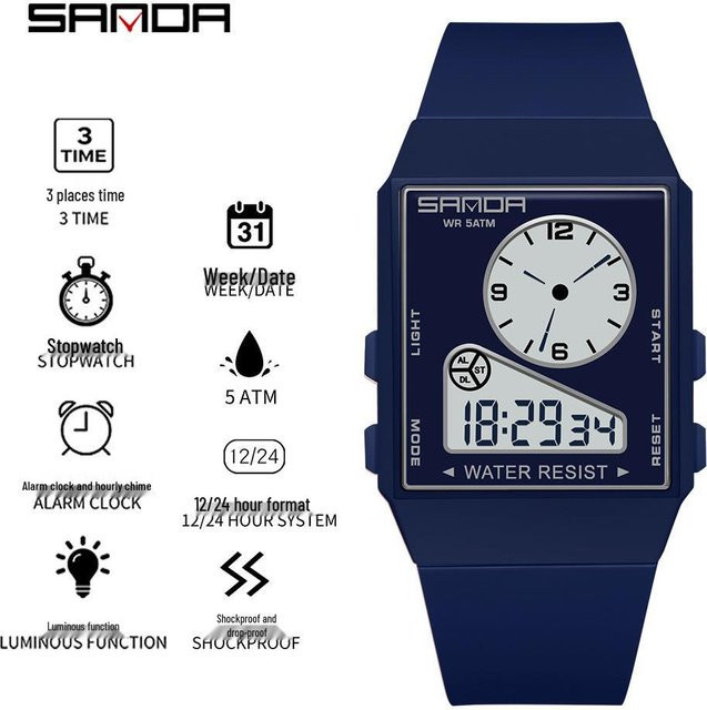 Sanda Digitaluhr, eckig, weiß, Silikon, 5 ATM, Unisex - Bild 1