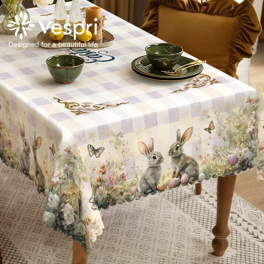 Vespri Oster-Tischdecke mit lila Blumen, Kaninchen und Schmetterlingen aus Polyester, Weiß/Lila/Mehrfarbig - Bild 4
