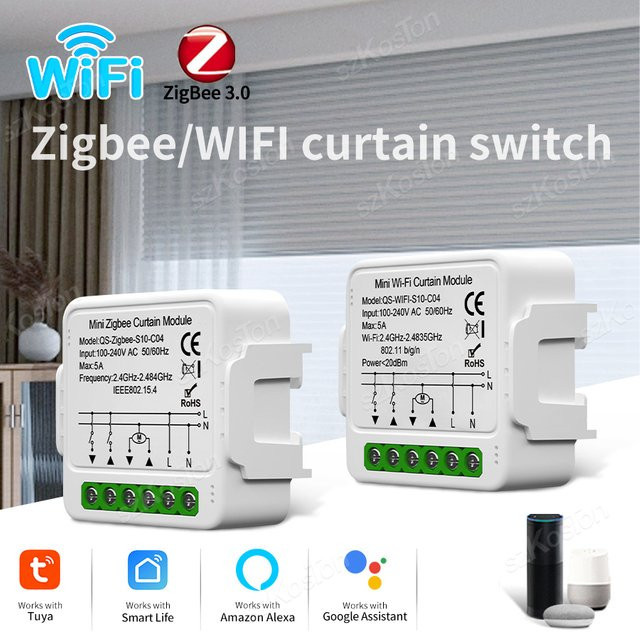 SZKOSTON Smart Vorhang Schalter Modul für Rollos und Shutter, WiFi oder Zigbee, Tuya Smart Life App Steuerung, Sprachsteuerung mit Alexa und Google, Weiß - Bild 1